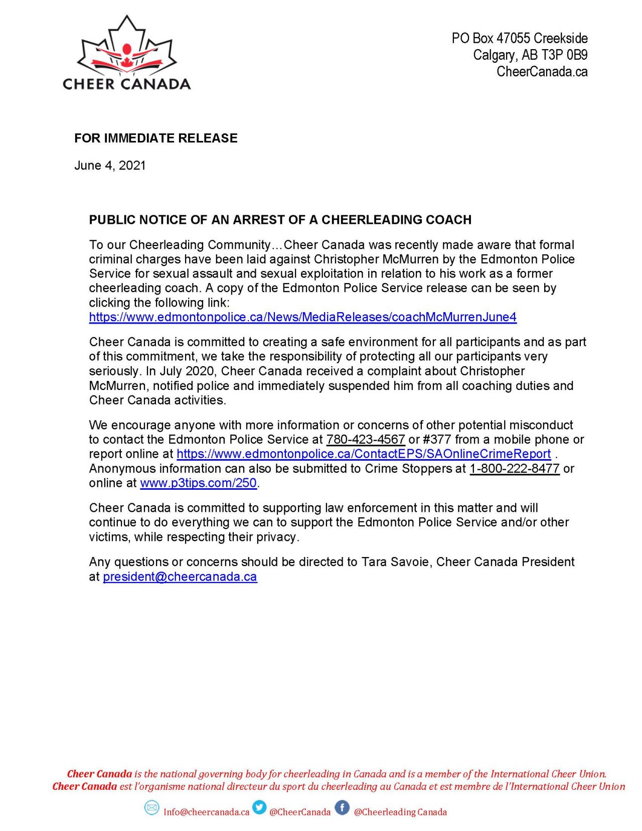 Media Release Cheer Canada