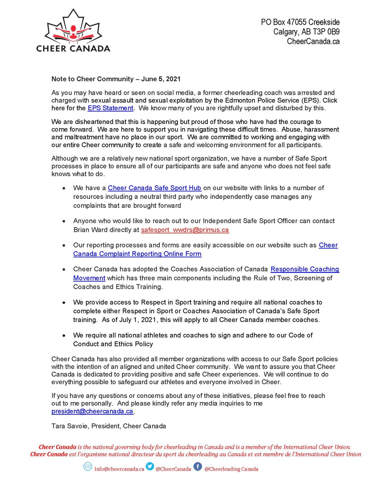 Note to Cheer Community Cheer Canada